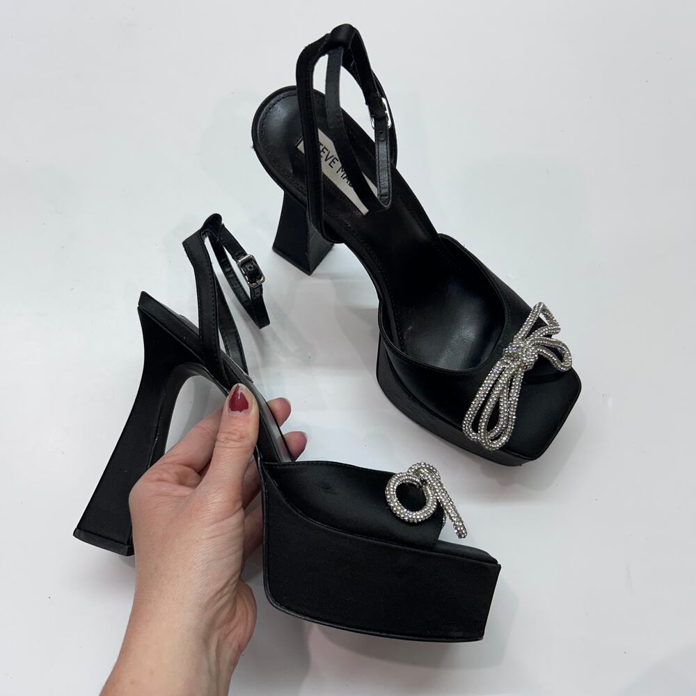 $170 Steve Madden Platform Heel Black Satin Rhinestone Bow Square Toe 9